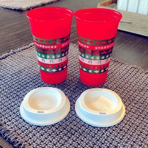 Set of 2 reusable red Starbucks cups with lids